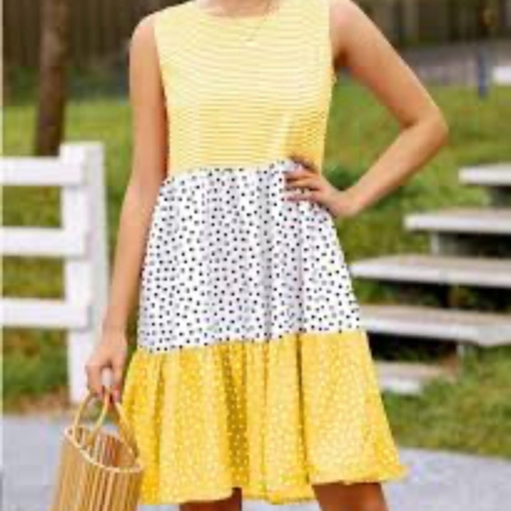 Goldenrod Yellow and White Polka Dot Striped Dress